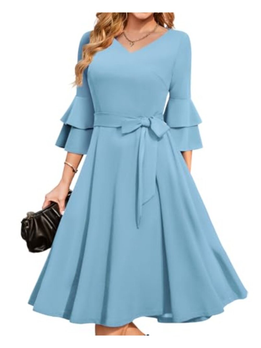 Womens Cocktail Dress Midi A-Line V-Neck 3/4 Sleeve Formal Wedding Guest